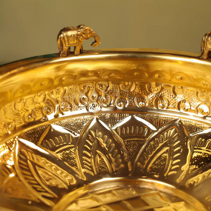 Brass Urli With Elephant And Peacock