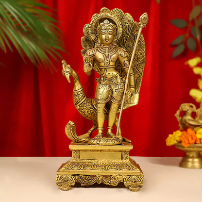 Brass Lord Murugan Idol (Karttikeya) Standing on Pedestal with Peacock 12 Inch