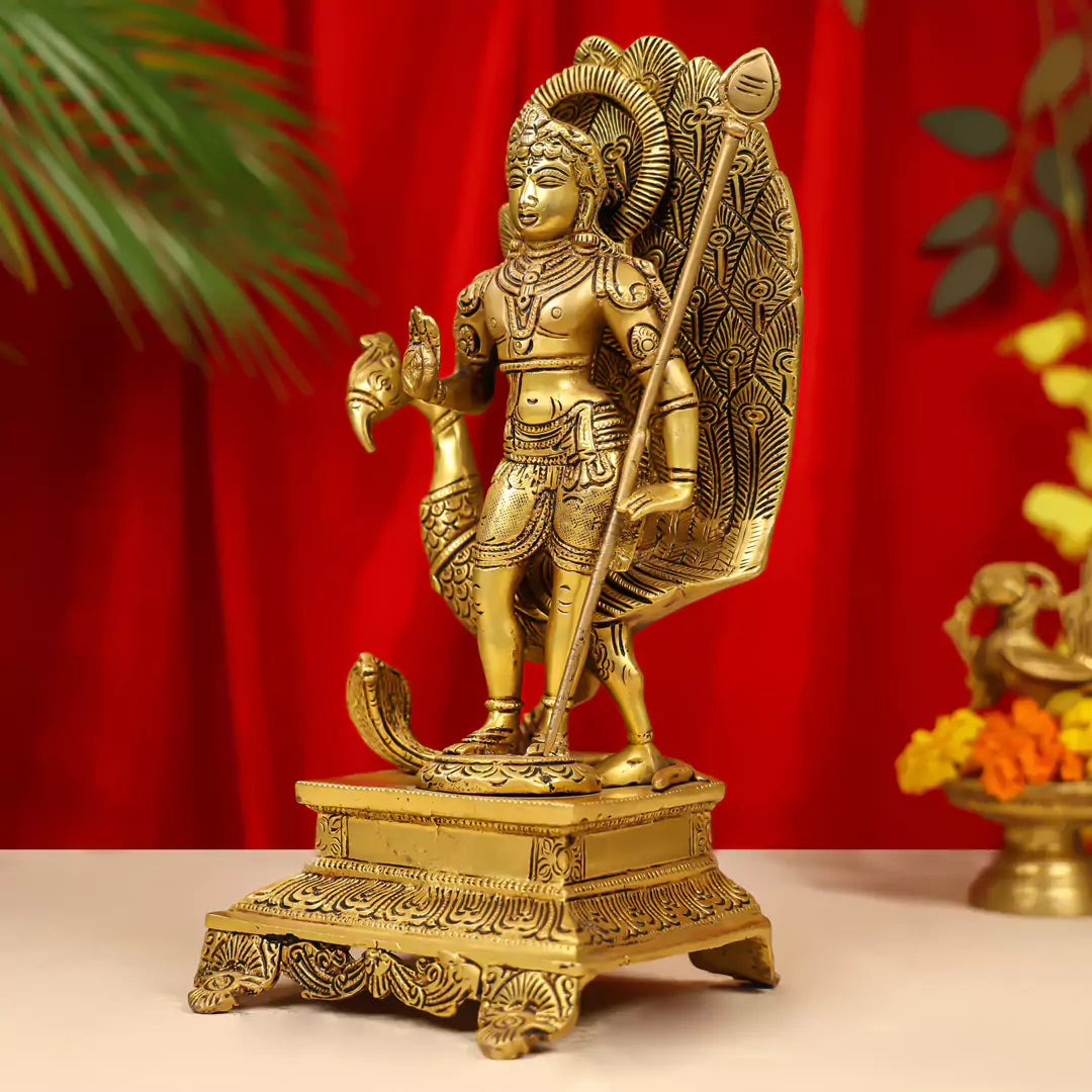 Brass Lord Murugan Idol (Karttikeya) Standing on Pedestal with Peacock 12 Inch