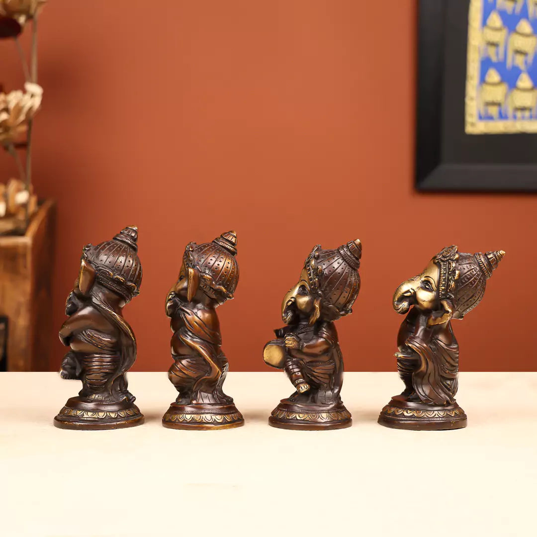 Coloured Brass Lord Ganesha Musician Set of 4