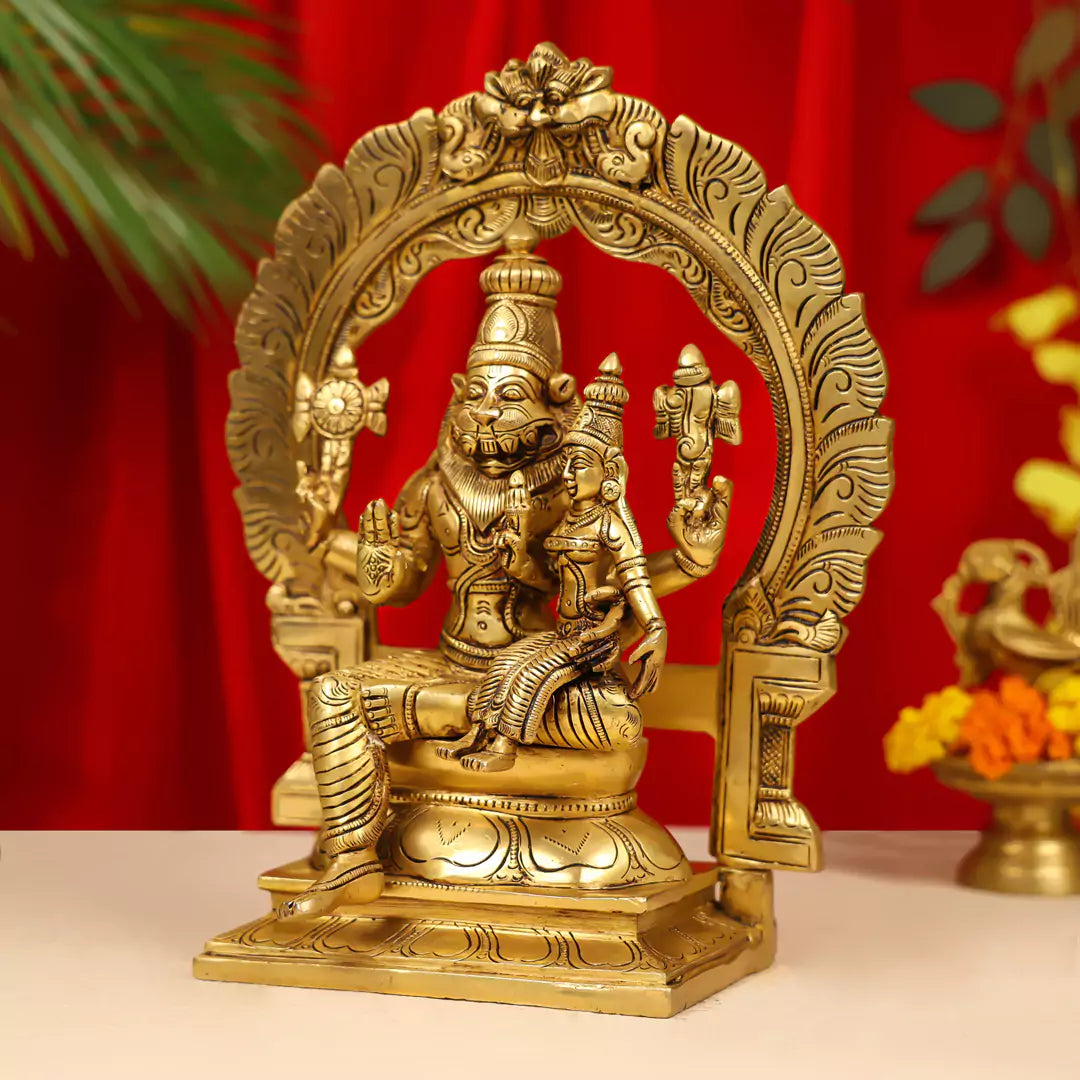 Brass Lord Narasimha with Goddess Lakshmi Idol- 11.5 Inch