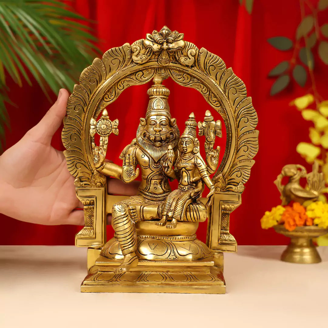 Brass Lord Narasimha with Goddess Lakshmi Idol- 11.5 Inch