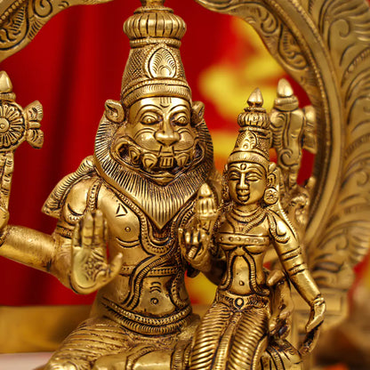 Brass Lord Narasimha with Goddess Lakshmi Idol- 11.5 Inch