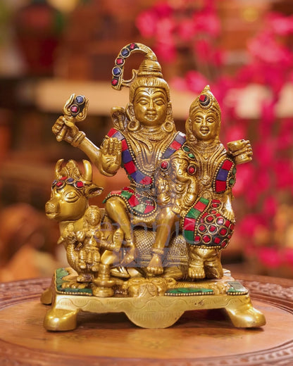 8" Brass Lord Shiva Family Idol Inlay Stonework