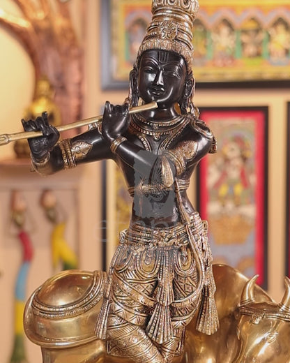 26" Coloured Brass Lord Krishna Idol Fluting With Cow In Background