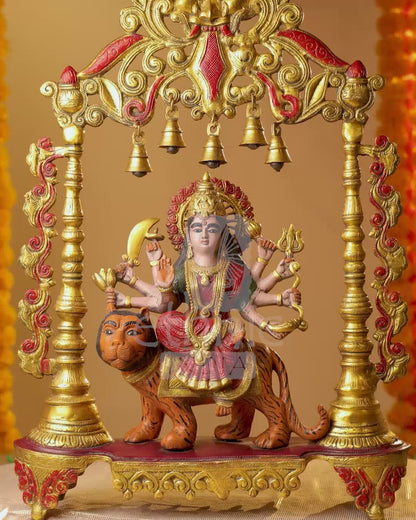 Coloured-Brass Maa Durga Idol With Temple Arch