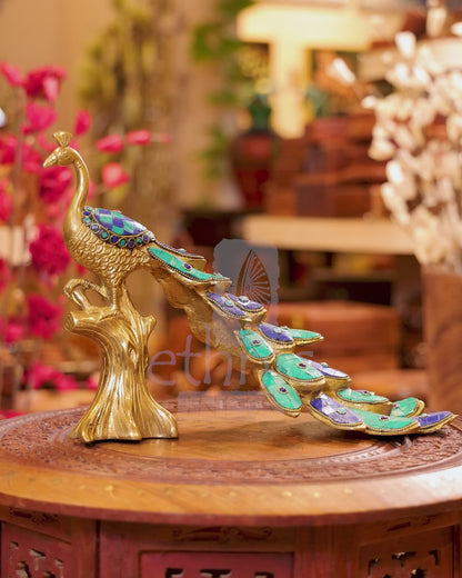 13" Brass Peacock Inlay Stonework - Table Decor