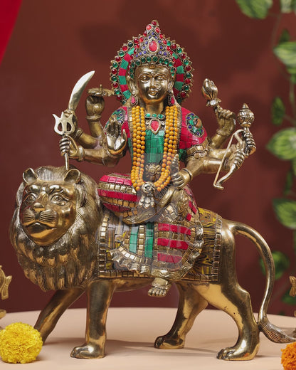 Brass Goddess Durga Antique Idol With Stone Work