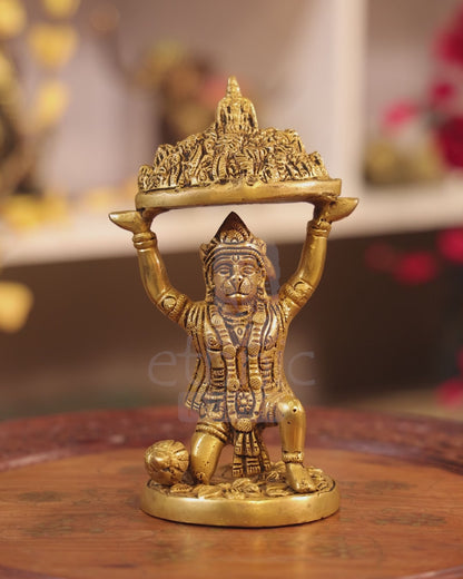 7" Brass Lord Hanuman Idol Carrying The Sanjeevani Mountain