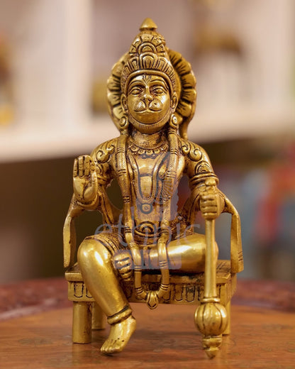 7" Brass Blessing Hanuman Idol Seated On A Chowki