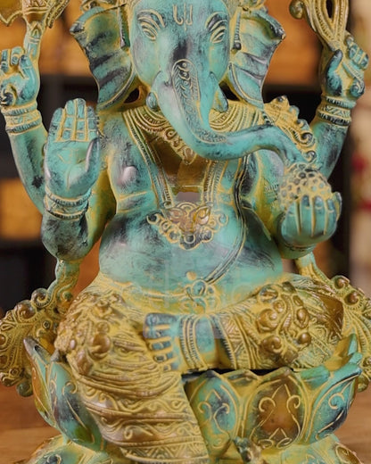 13" Coloured Brass Lord Ganesha Idol Antique Finish