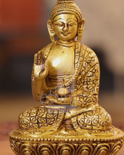 10" Brass Lord Buddha Idol Sitting On Lotus Base