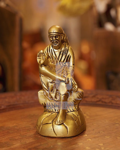 4.5" Brass Lord Sai Baba Idol Seated On Pedestal