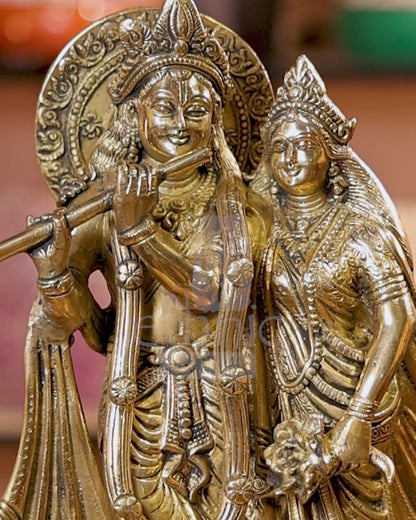 13" Brass Radha Krishna Idol With Peacock On Lotus Base