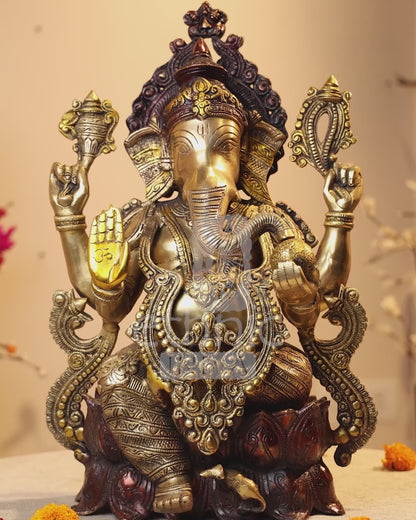 Brass Lord Ganesha Seated On Lotus Pedestal Idol