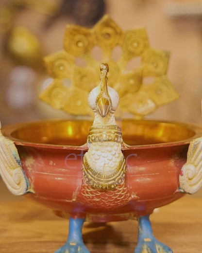 8" Coloured Brass Peacock Urli