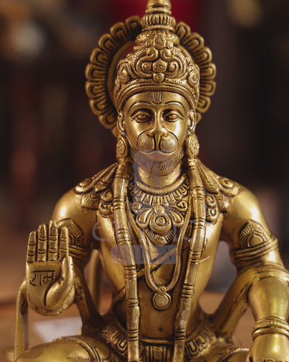 10" Brass Blessing Lord Hanuman Idol Seated Cross Legged