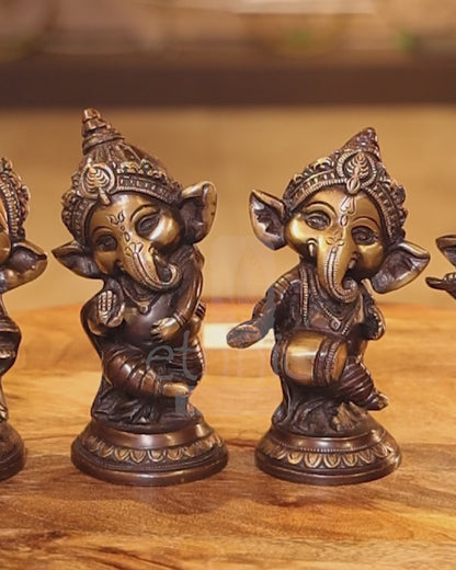 6" Coloured Brass Lord Ganesha Musician Set of Four