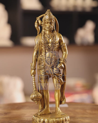10" Brass Lord Hanuman Idol Standing On Round Base