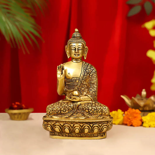 Brass Lord Buddha Idol Sitting On Lotus Base 7 Inch