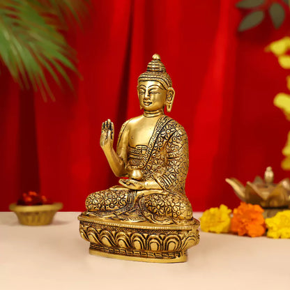 Brass Lord Buddha Idol Sitting On Lotus Base 7 Inch