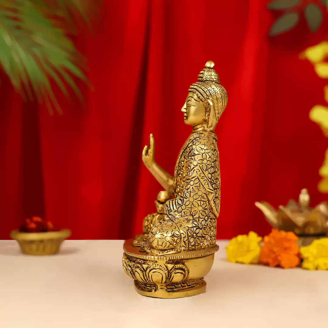 Brass Lord Buddha Idol Sitting On Lotus Base 7 Inch