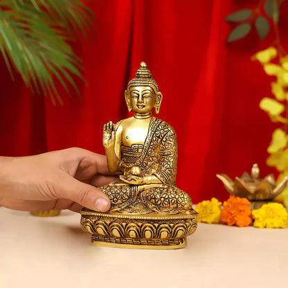 Brass Lord Buddha Idol Sitting On Lotus Base 7 Inch