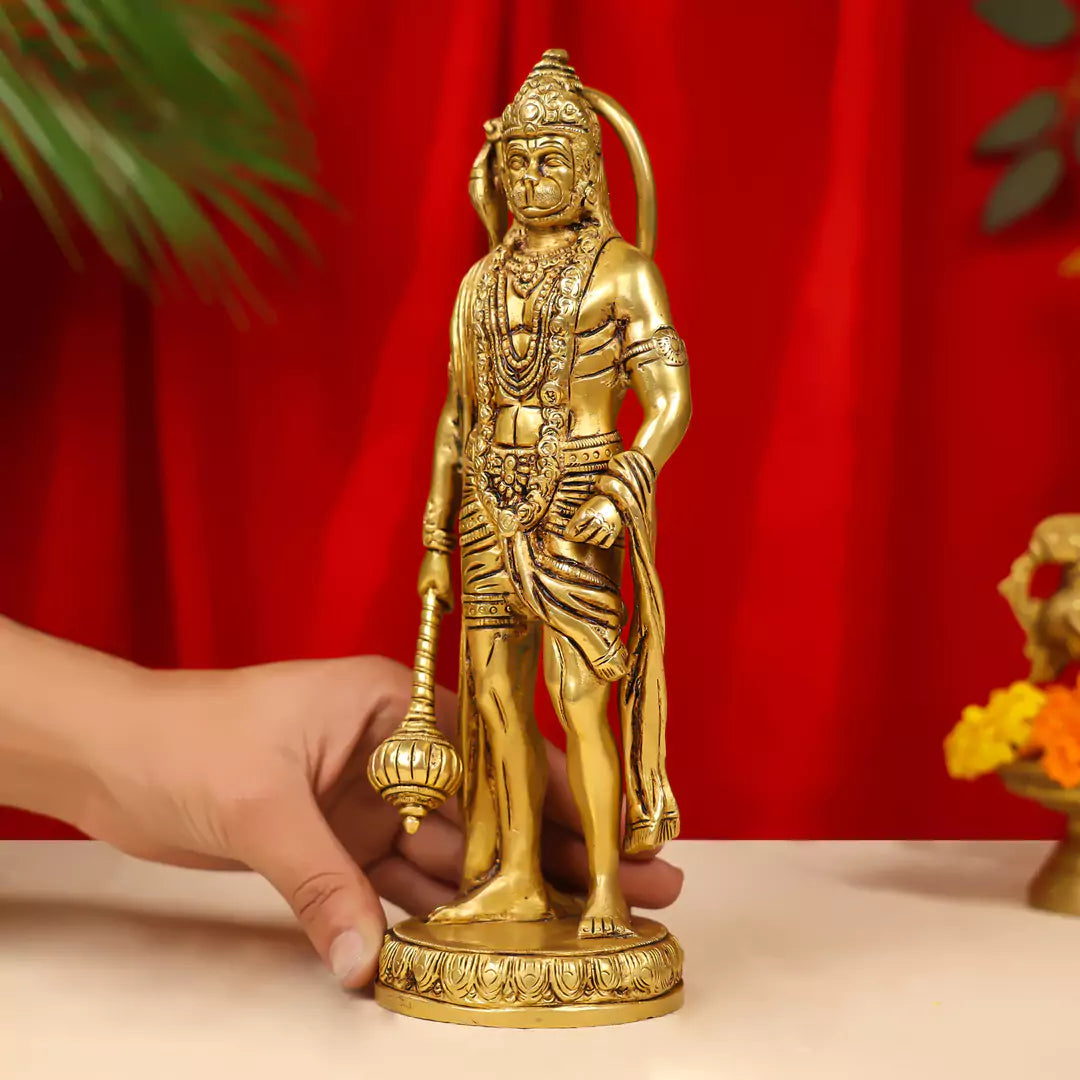 Brass Lord Hanuman Idol Standing On Round Base 10"