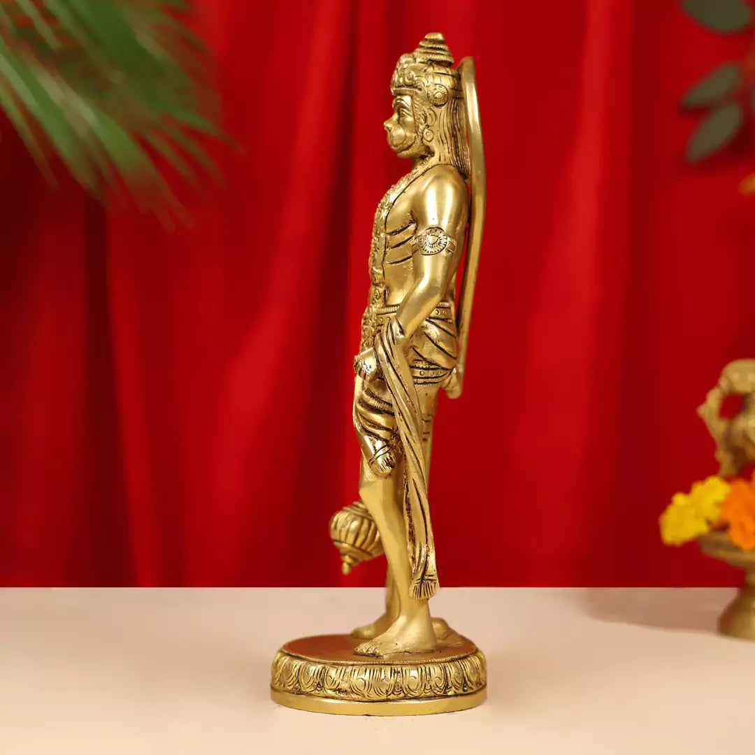 Brass Lord Hanuman Idol Standing On Round Base 10"